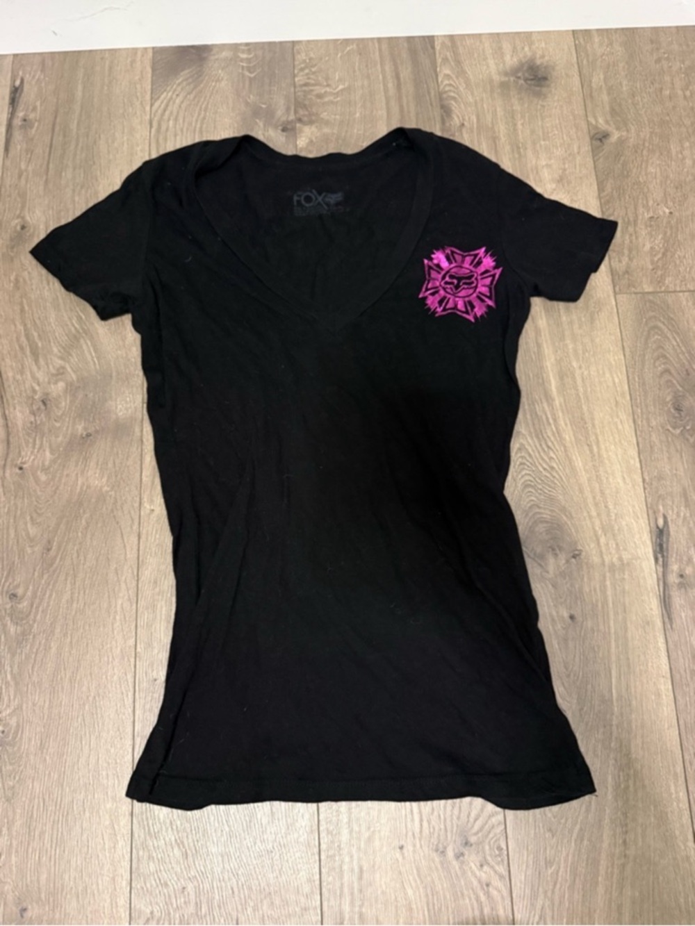 Fox Black V-Neck Tee with Magenta Chest Emblem